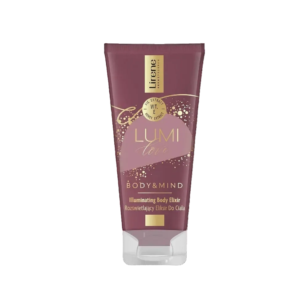 Tube of Lirene Lumilove Body&Mind Illuminating Body Elixir on a white background