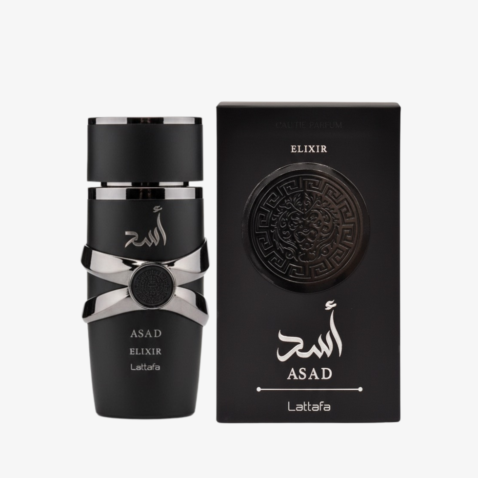 Black perfume bottle and packaging with 'Lattafa ASAD' branding on a white background