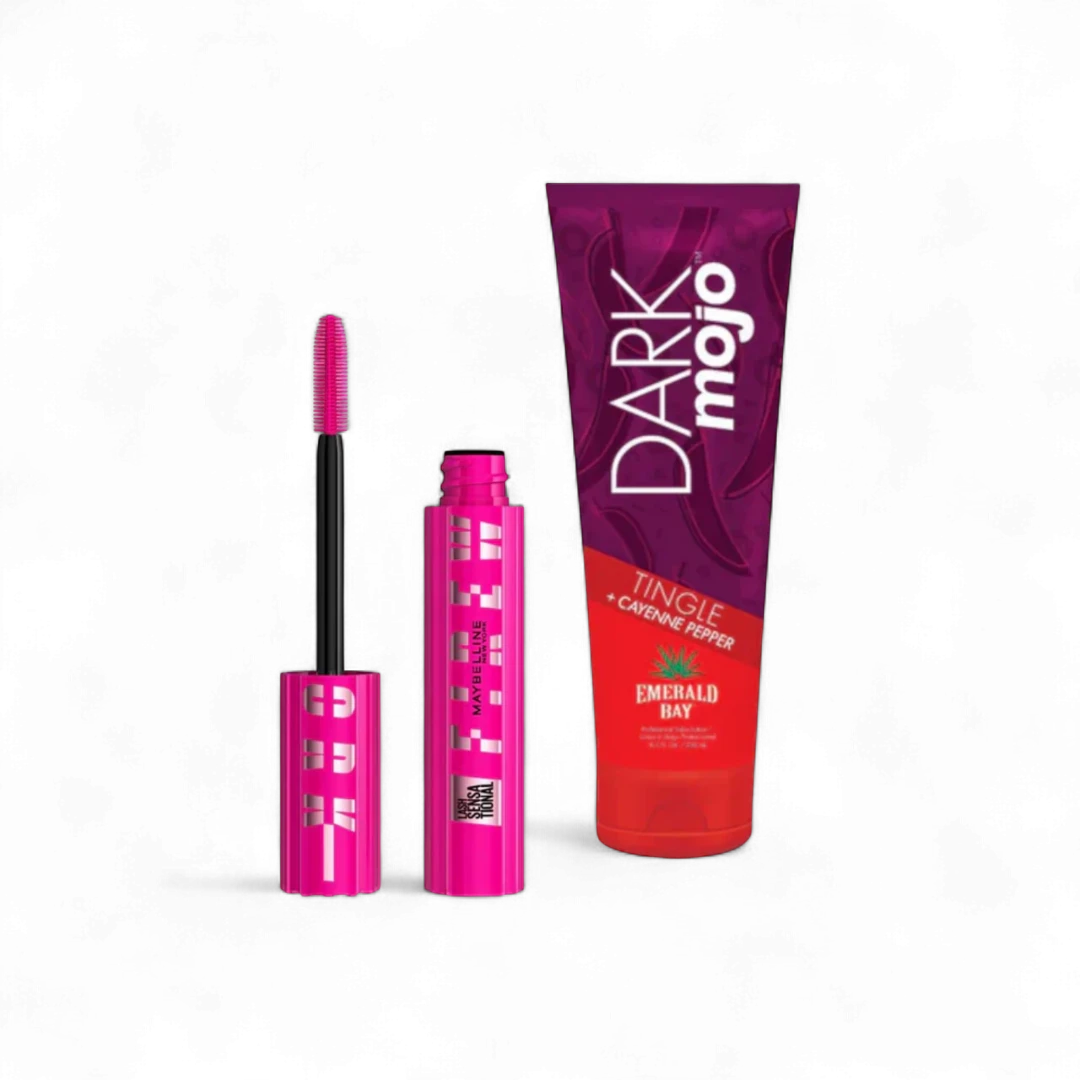 Pink mascara with open cap and tube labeled 'Dark Mojo' on a white background