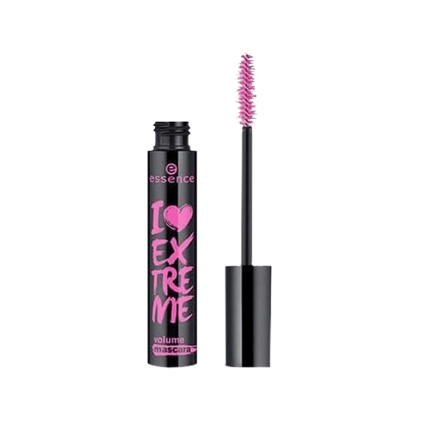 A tube of Essence I Love Extreme Volume Mascara in black color with the brush applicator visible, featuring pink details on the packaging. Buy Online in Lebanon at Menkelchi