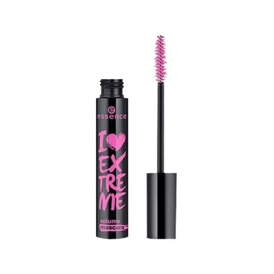 A tube of Essence I Love Extreme Volume Mascara in black color with the brush applicator visible, featuring pink details on the packaging. Buy Online in Lebanon at Menkelchi