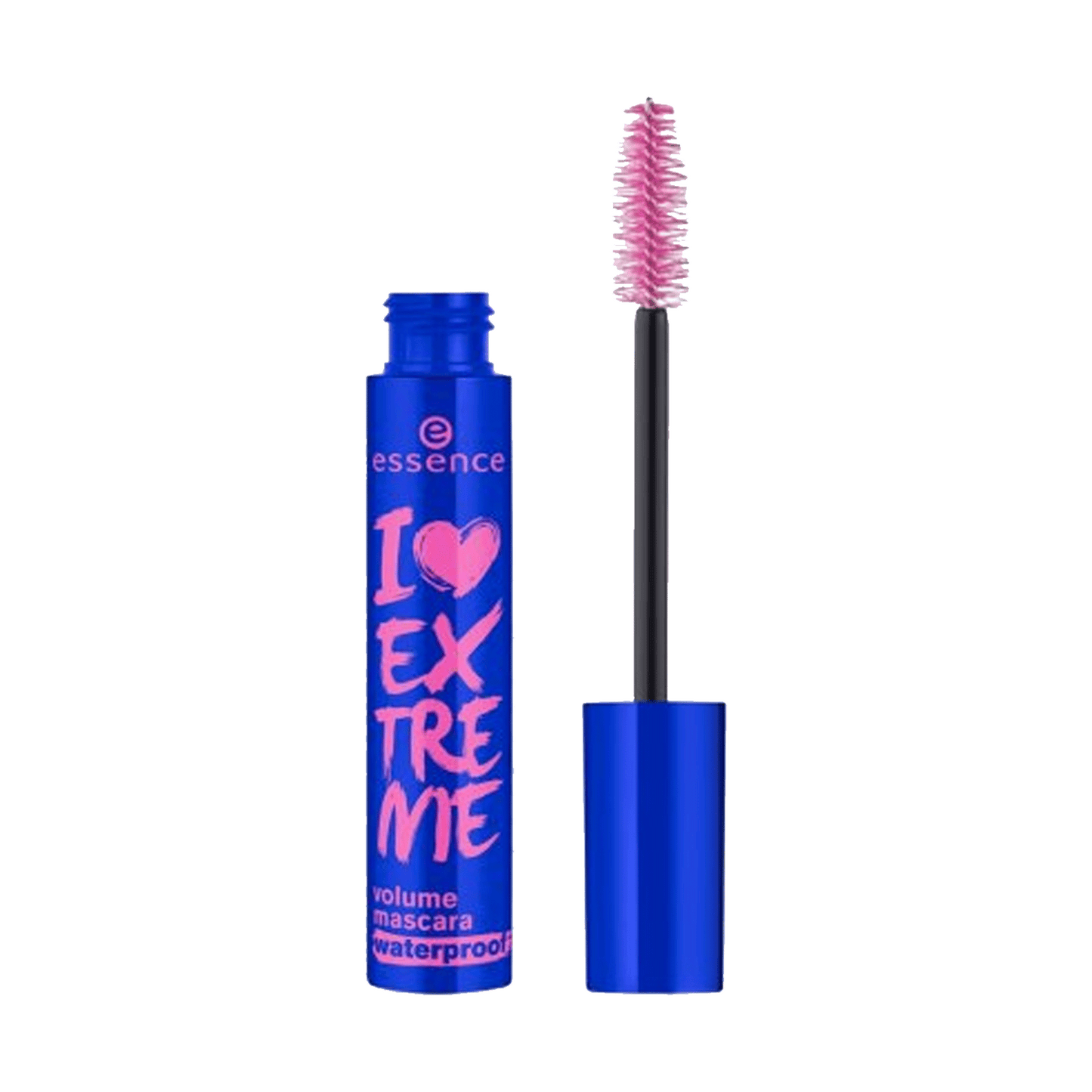 A tube of Essence I Love Extreme Volume Mascara Waterproof with a large fiber brush applicator, in black color. Buy Online in Lebanon at Menkelchi