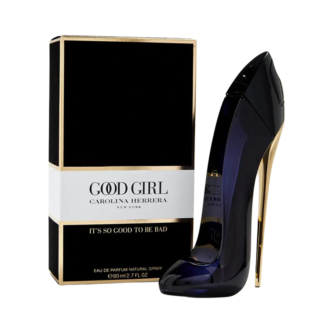 A bottle of Carolina Herrera Good Girl Eau De Parfum Pour Femme next to its packaging box.