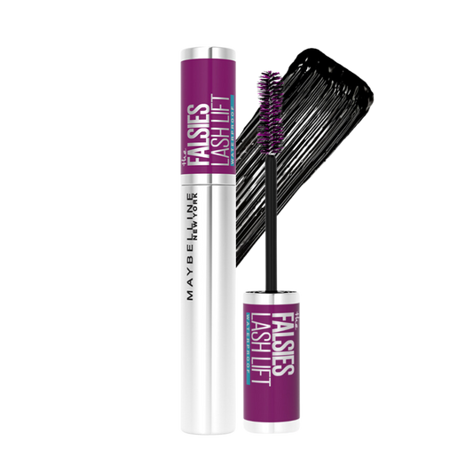 Maybelline The Falsies Lash Lift Mascara with the packaging cap off, showing the brush with bristles coated in black mascara. Buy Online in Lebanon at Menkelchi