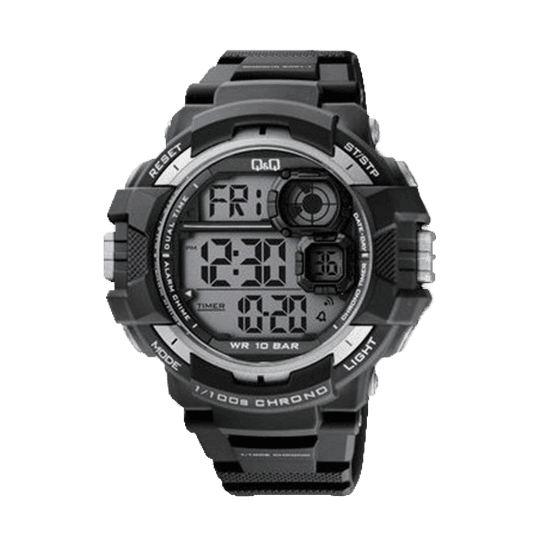 Men’s Q&Q Digital Sports Watch – 100M Waterproof, Black & Grey, Timer, Alarm & More – 1-Year Warranty