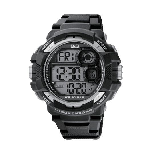 Men’s Q&Q Digital Sports Watch – 100M Waterproof, Black & Grey, Timer, Alarm & More – 1-Year Warranty