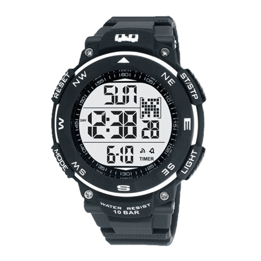 Men’s Q&Q Digital Sports Watch – 100M Waterproof, Black & White, Timer, Alarm & More – 1-Year Warranty