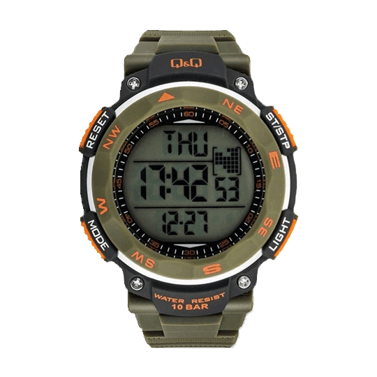 Men’s Q&Q Digital Sports Watch – 100M Waterproof, Olive, Timer, Alarm & More – 1-Year Warranty