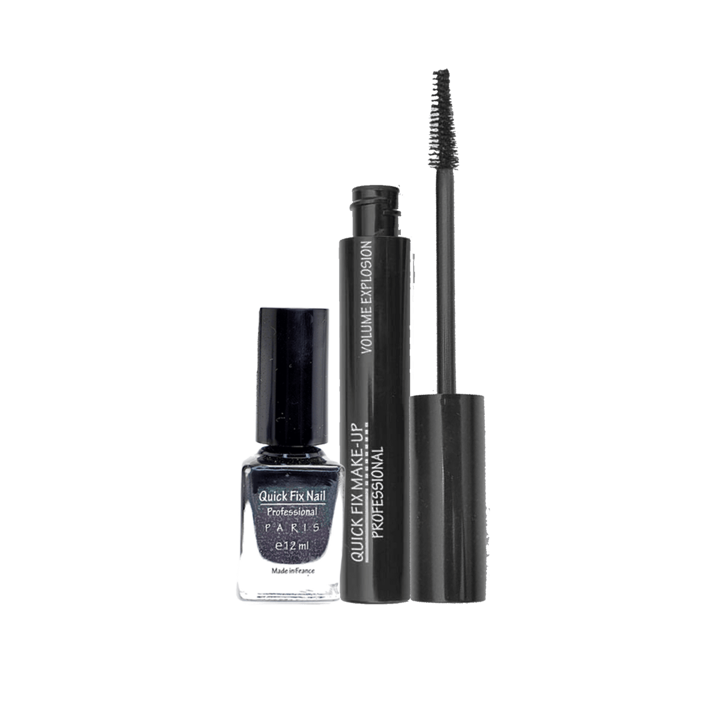 A set of cosmetics featuring Quick Fix Mascara and Quick Fix Nail Polish, with the mascara tube cap and brush visible, in black and dark colors. Buy Online in Lebanon at Menkelchi