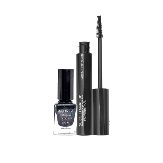 A set of cosmetics featuring Quick Fix Mascara and Quick Fix Nail Polish, with the mascara tube cap and brush visible, in black and dark colors. Buy Online in Lebanon at Menkelchi