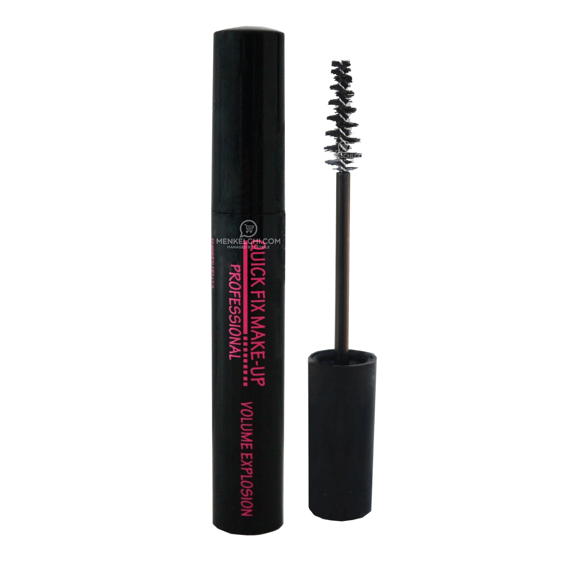 A tube of Quick Fix Mascara with the label showing the product name and the shade '03 Senorita'. The mascara wand is also displayed outside the tube. Buy Online in Lebanon at Menkelchi