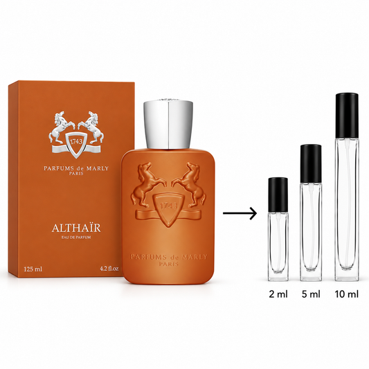 Althair Eau de Parfum by Parfums de Marly, shown with its orange box and embossed bottle, alongside three clear sample spray vials labeled 2 ml, 5 ml, and 10 ml on a white background.