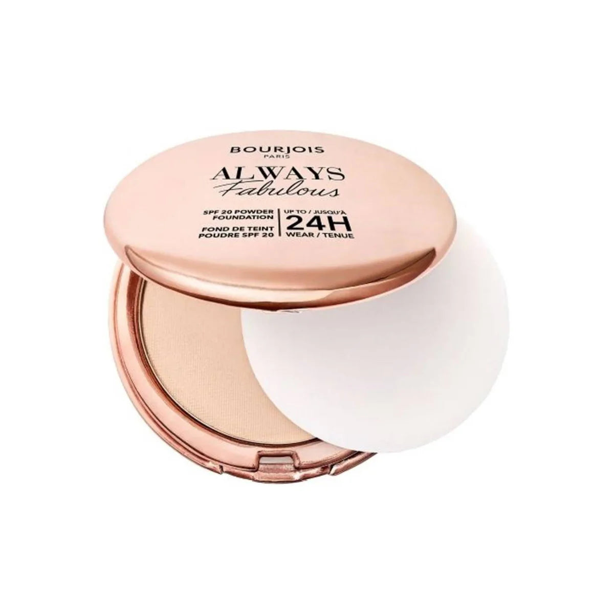 Bourjois Always Fabulous SPF 20 Powder Foundation with rose gold casing on a white background