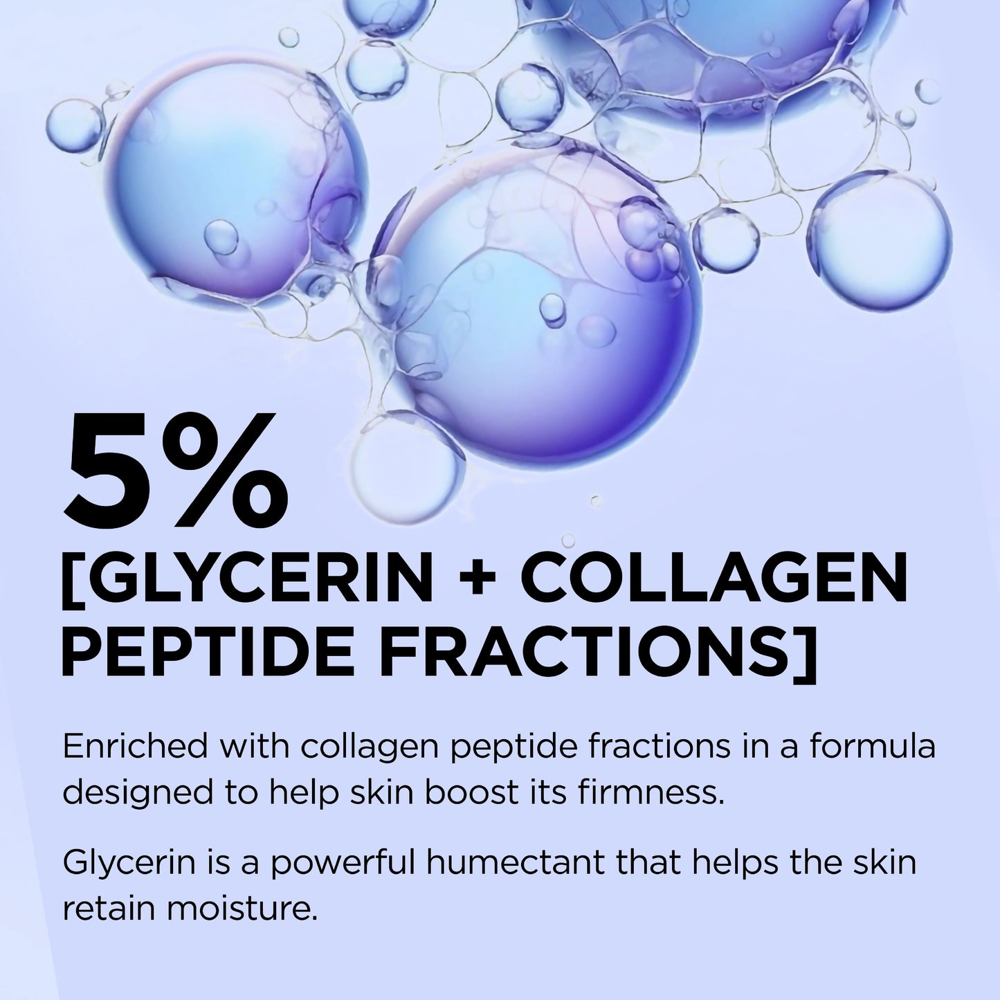 Advertisement for skincare product with text about glycerin and collagen peptide fractions on a blue background with bubbles.