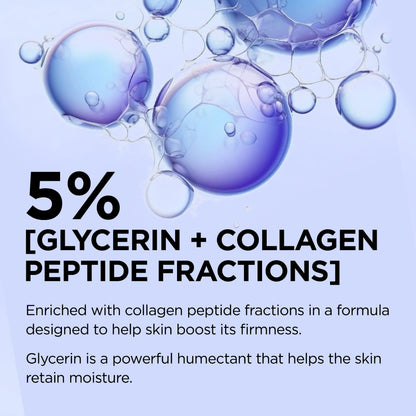 Advertisement for skincare product with text about glycerin and collagen peptide fractions on a blue background with bubbles.
