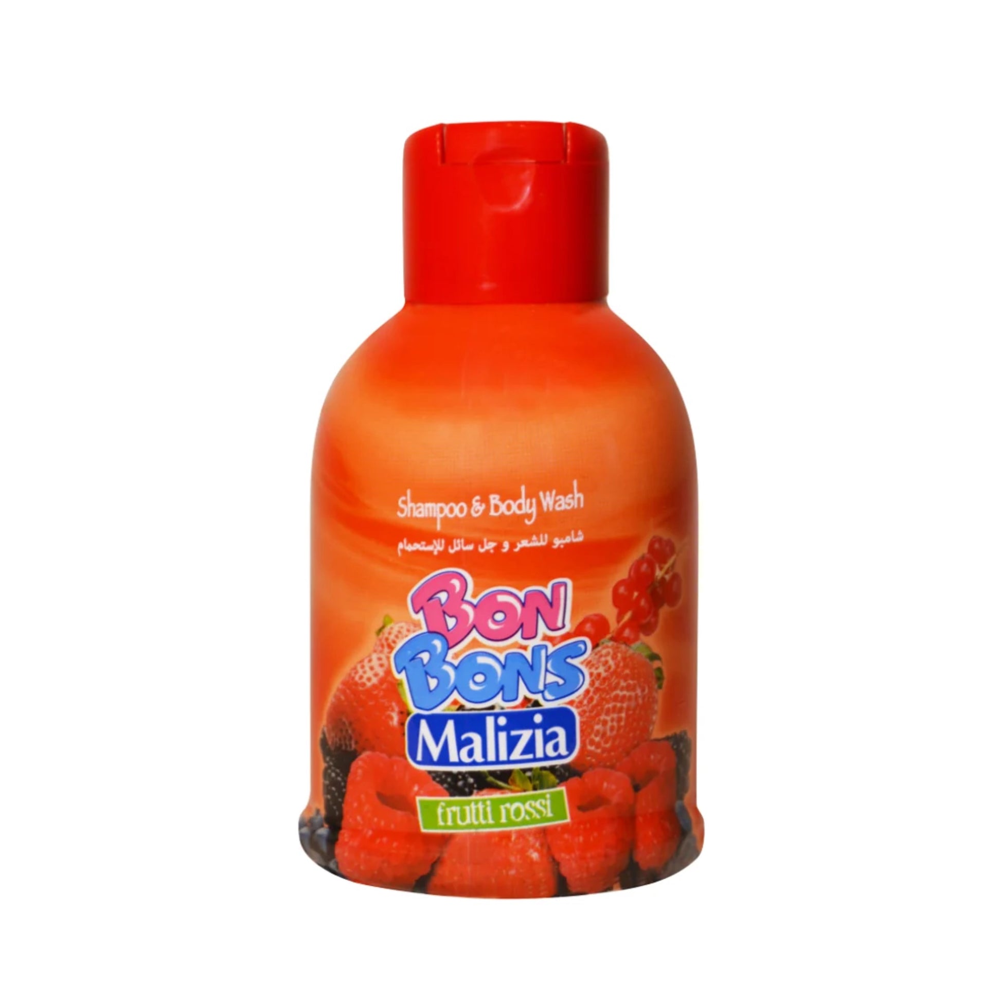 Orange bottle of Bon Bons Malizia shampoo and body wash with a red cap on a white background