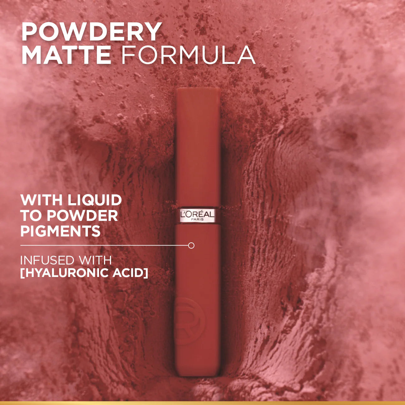 L'Oreal lip product with powdery matte formula text on a textured red background