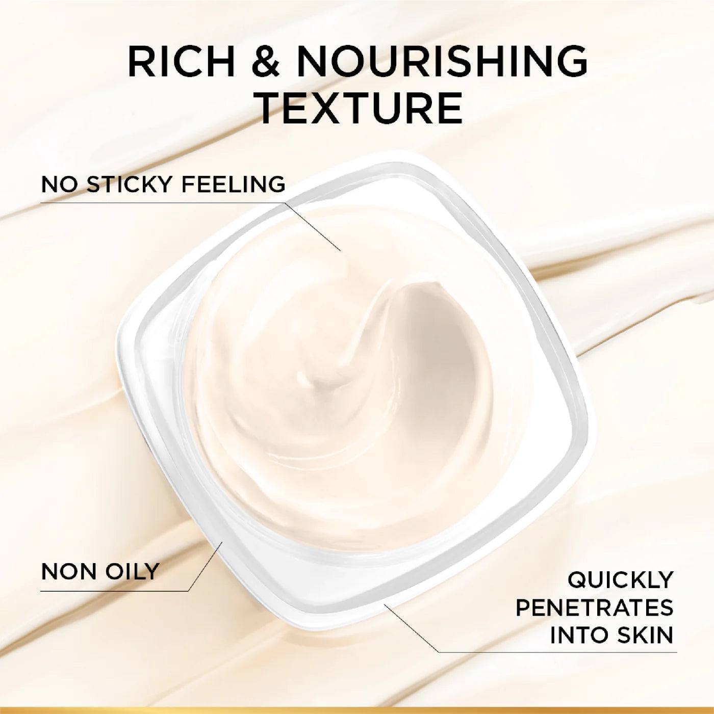 Cream in a container with text highlighting its texture and benefits
