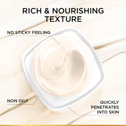 Cream in a container with text highlighting its texture and benefits