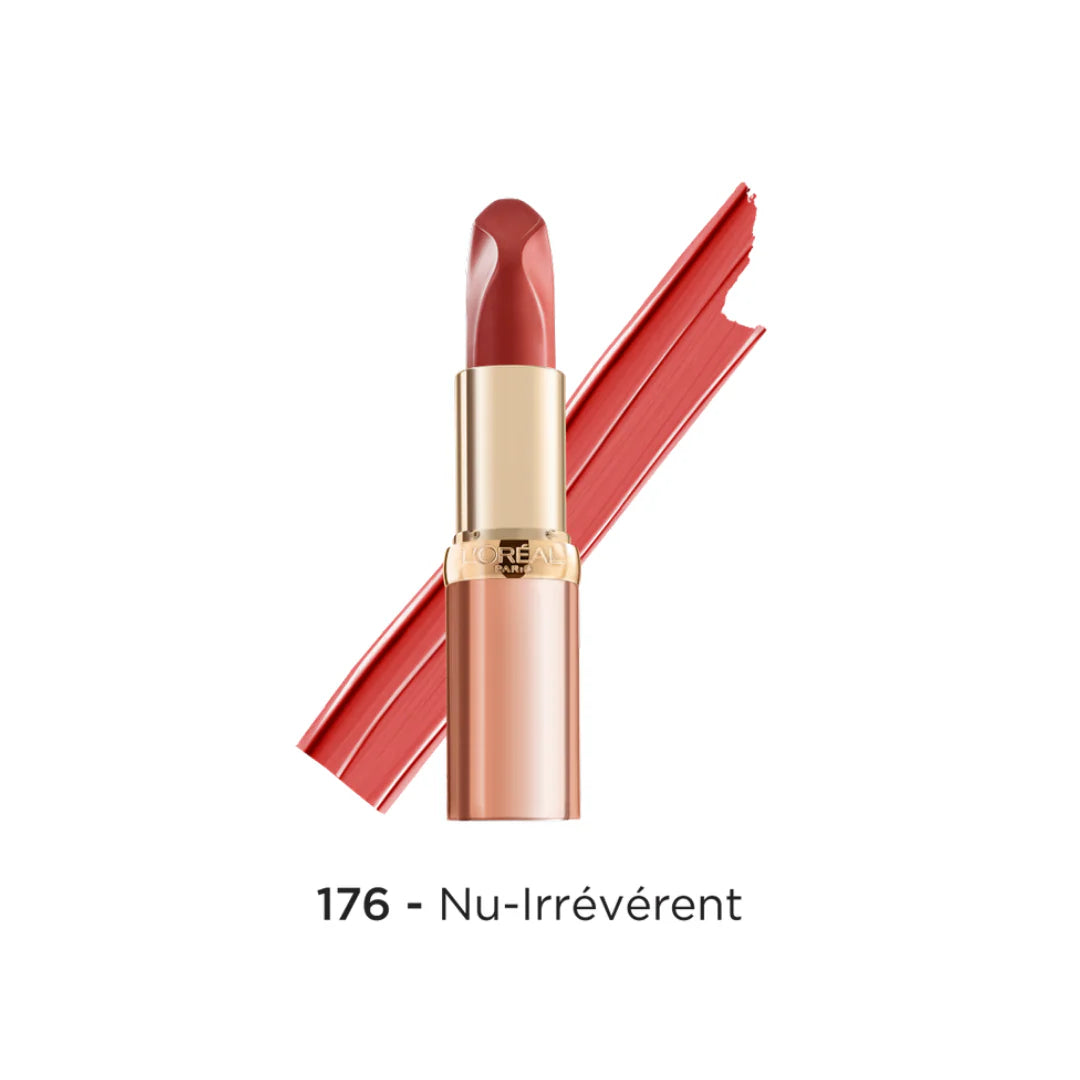 Lipstick with a gold cap on a white background, labeled '176 - Nu-Irrévérent'.