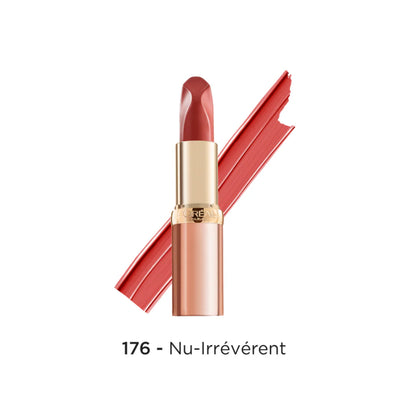 Lipstick with a gold cap on a white background, labeled '176 - Nu-Irrévérent'.