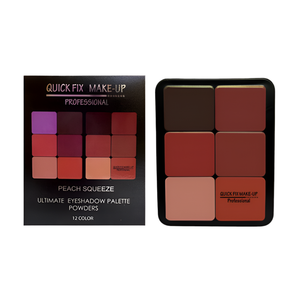 Makeup palette with color swatches and packaging on a white background