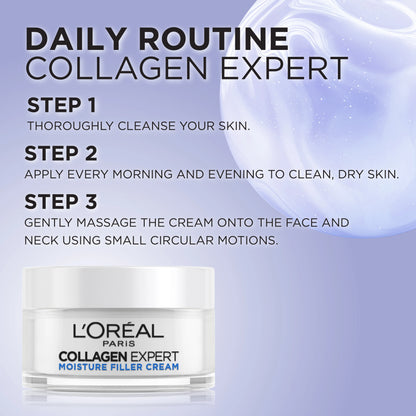 L'Oreal Paris Collagen Expert cream with usage instructions on a light purple background