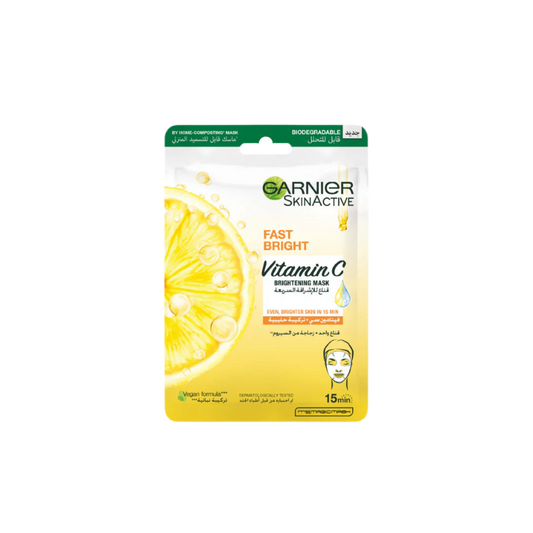 Garnier SkinActive Vitamin C face mask packaging with lemon graphic on a white background