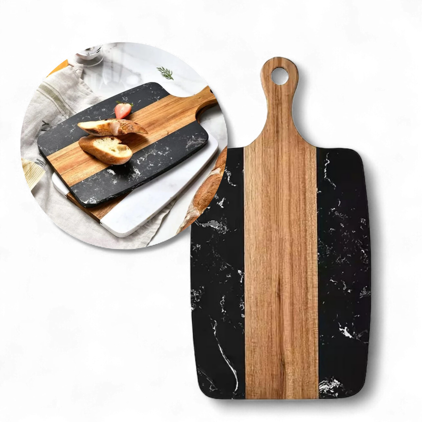 Wood And Marble Cutting And Serving Board With Handle