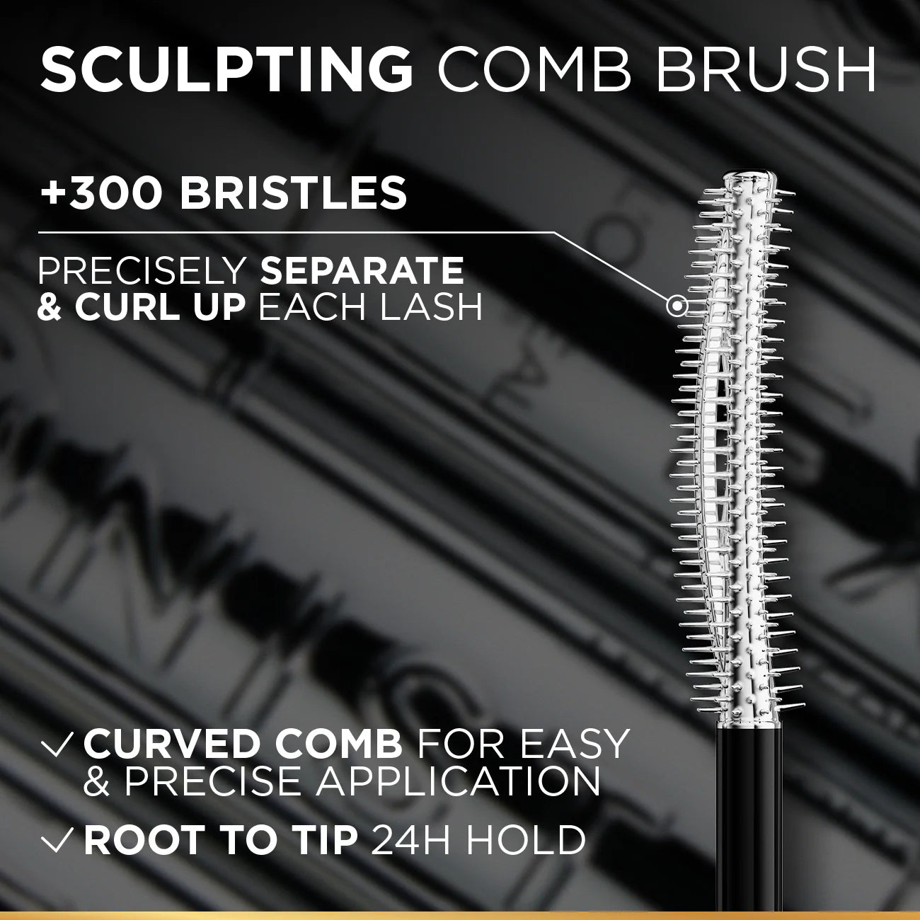 Sculpting comb brush of L'Oréal Paris Telescopic Extensionist Black Mascara with text highlighting features on a blurred background