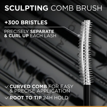 Sculpting comb brush of L'Oréal Paris Telescopic Extensionist Black Mascara with text highlighting features on a blurred background