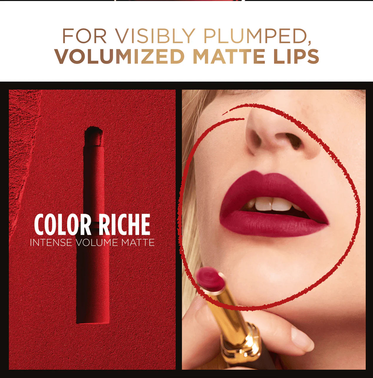 Color Riche Intense Volume Matte lipstick L'Oréal Paris with close-up of lips and text on a red background