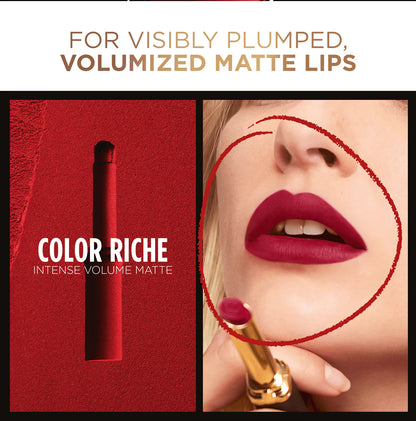 Color Riche Intense Volume Matte lipstick L'Oréal Paris with close-up of lips and text on a red background