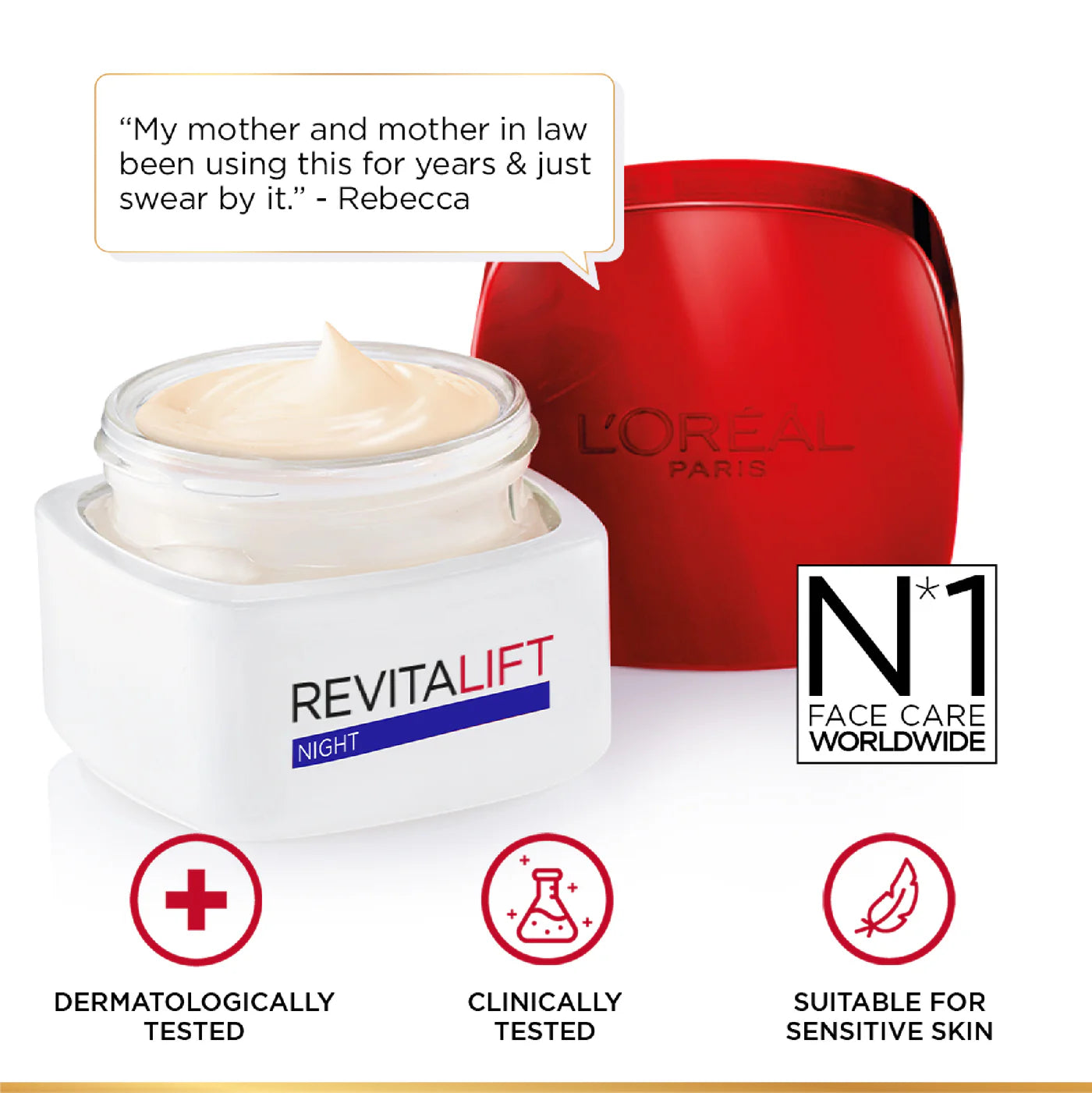 L'Oreal Revitalift Night cream jar with red container and product features on a white background