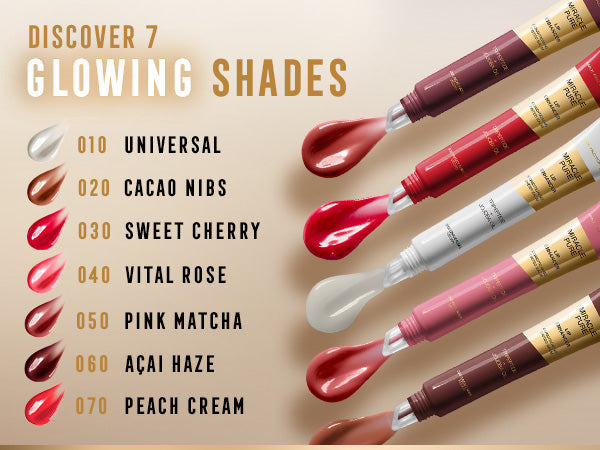 Lip balm shades with names on a beige background