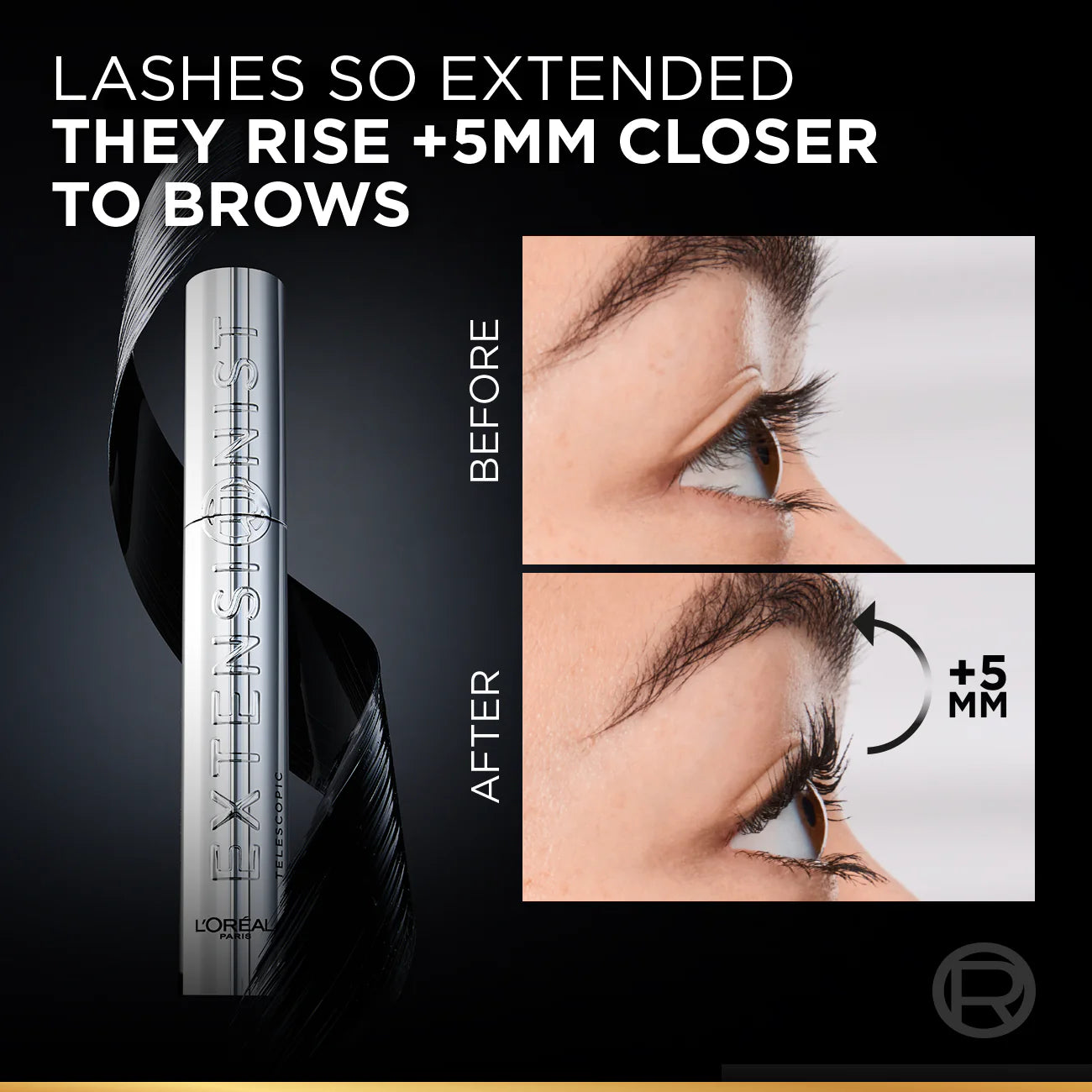 L'Oréal Paris Telescopic Extensionist Black Mascara with before and after effects on eyelashes on a black background