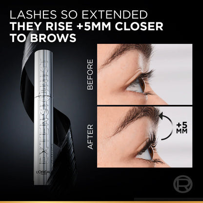 L'Oréal Paris Telescopic Extensionist Black Mascara with before and after effects on eyelashes on a black background