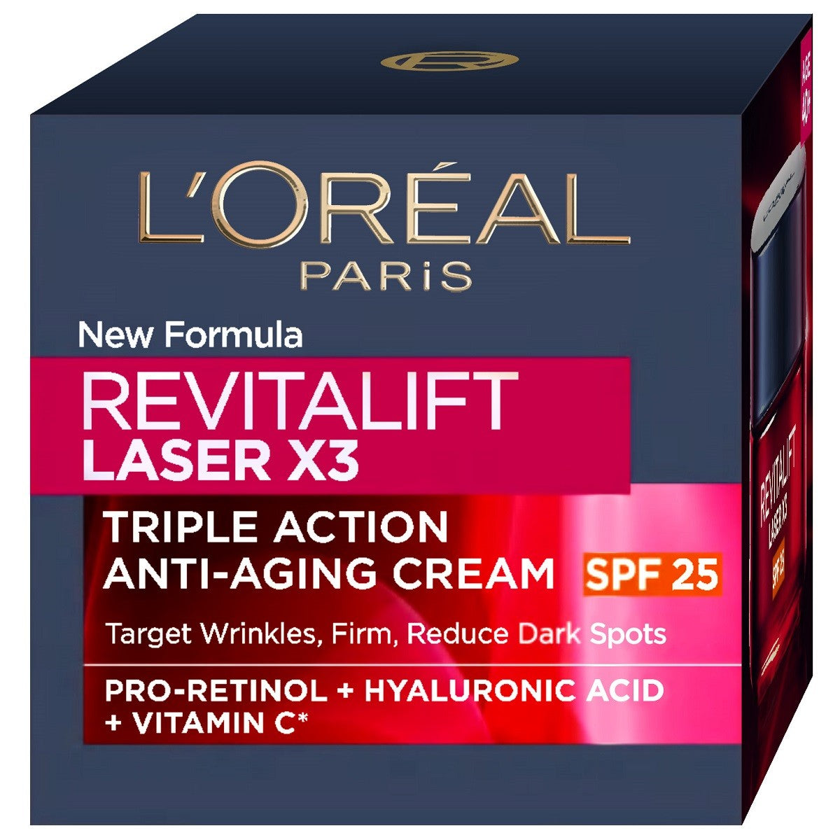 L'Oreal Paris Revitalift Laser X3 anti-aging cream packaging on a white background