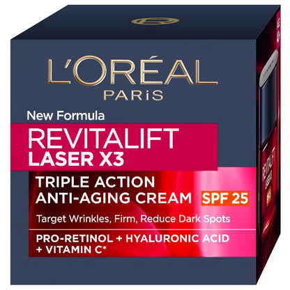 L'Oreal Paris Revitalift Laser X3 anti-aging cream packaging on a white background
