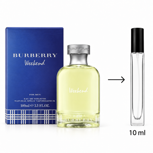 Burberry Weekend eau de toilette for men shown with its blue retail box, a clear glass spray bottle filled with pale yellow liquid, and a separate 10 ml travel atomizer spray on a white background.