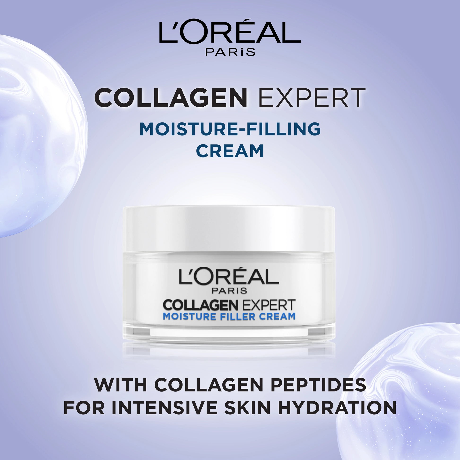 L'Oreal Paris Collagen Expert moisture-filling cream jar with product details on a light purple background