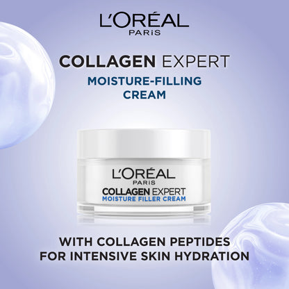 L'Oreal Paris Collagen Expert moisture-filling cream jar with product details on a light purple background