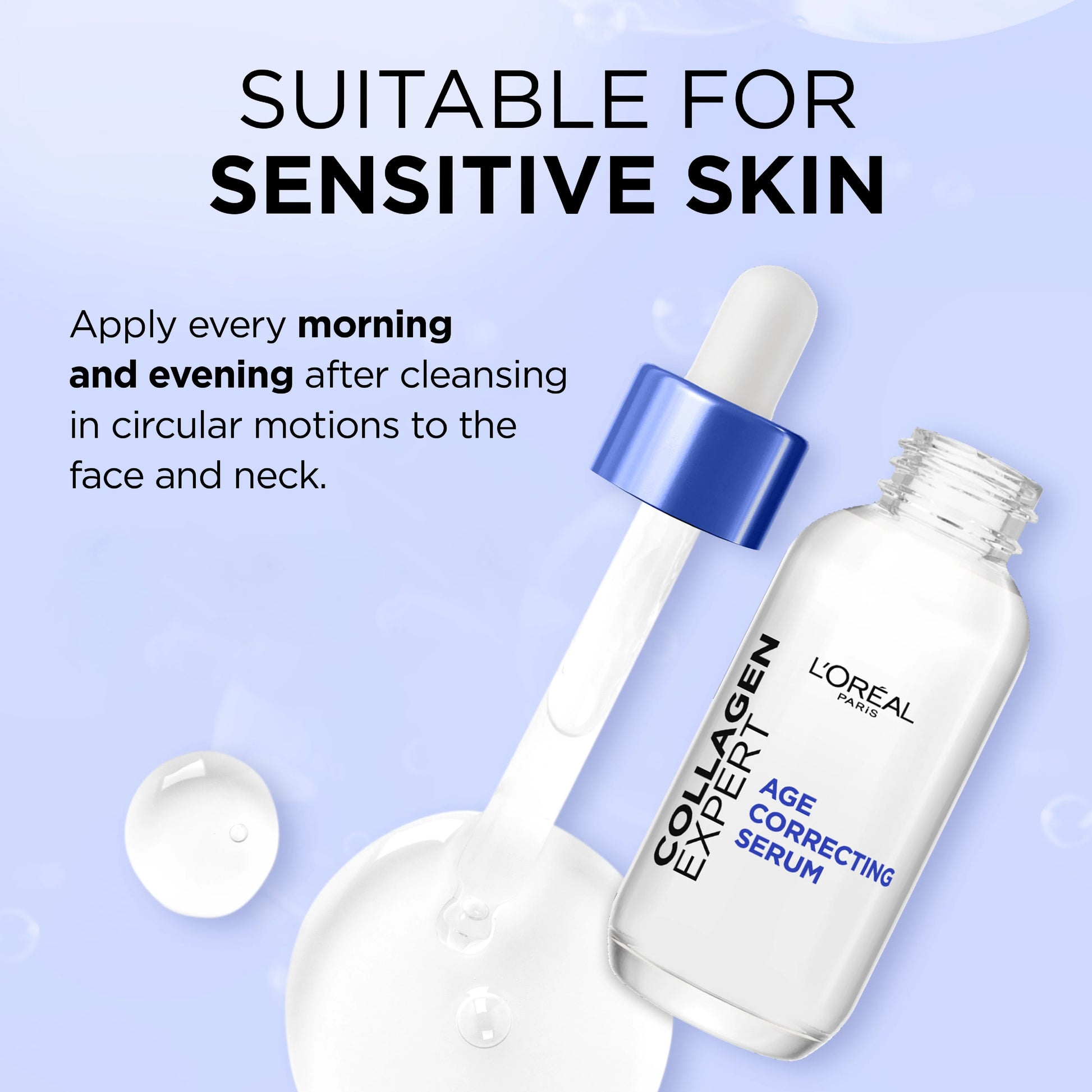 L'Oreal Collagen Expert serum bottle with dropper on a light blue background