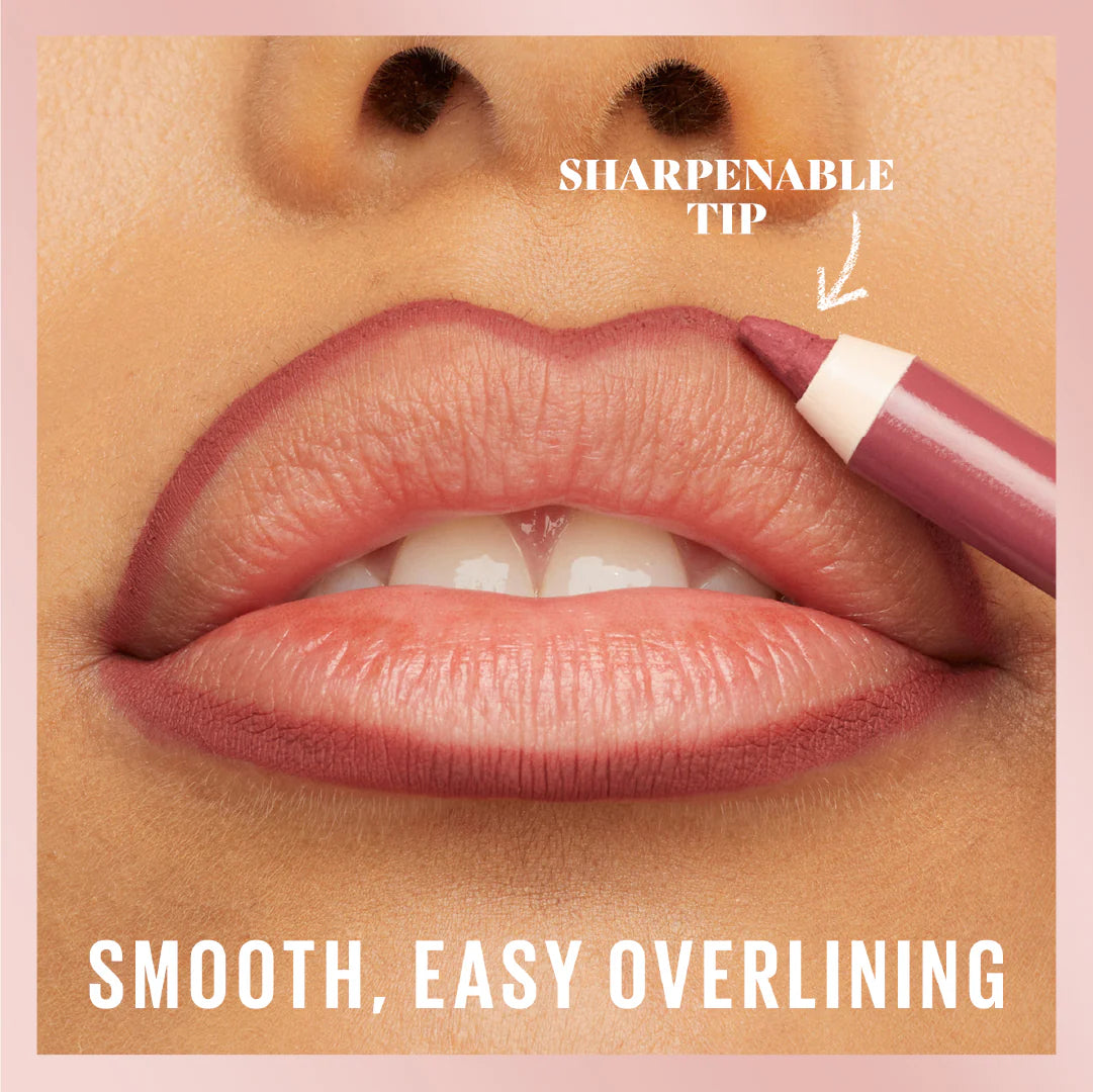 Maybelline Lifter Liner Lip Liner With Hyaluronic Acid applied to lips with text highlighting 'Sharpenable Tip' and 'Smooth, Easy Overlining'.
