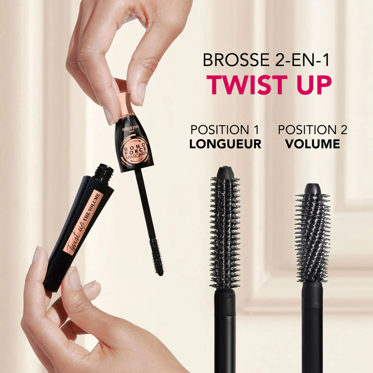 Bourjois Mascara Bond Force with two brushes and a hand holding it, on a beige background.