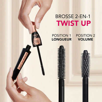 Bourjois Mascara Bond Force with two brushes and a hand holding it, on a beige background.