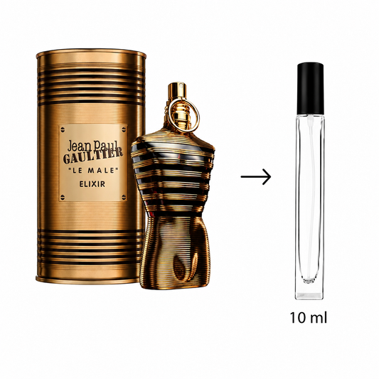 Jean Paul Gaultier Le Male Elixir perfume shown with the gold cylindrical box, the gold bottle, and a clear 10 ml travel atomizer spray bottle on a white background.