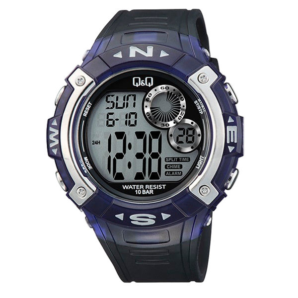 Men’s Q&Q Digital Sports Watch – 100M Waterproof, Black & Dark Blue, Timer, Alarm & More – 1-Year Warranty