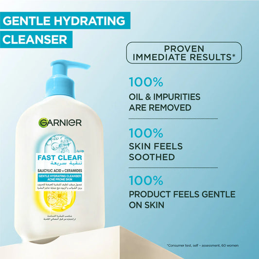 Garnier Fast Clear Gentle Hydrating Face Cleanser & Wash - For Acne Prone Skin - 250ml
