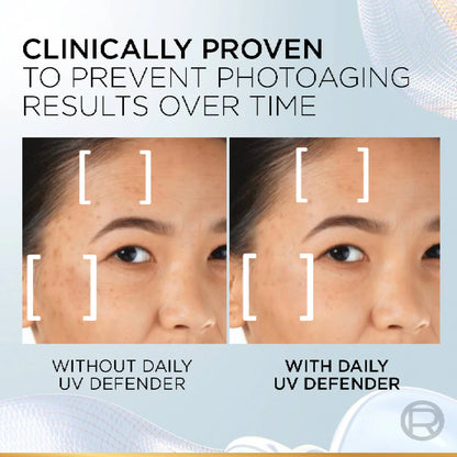 Before and after comparison of facial skin with and without daily UV defender, clinically proven to prevent photoaging.
